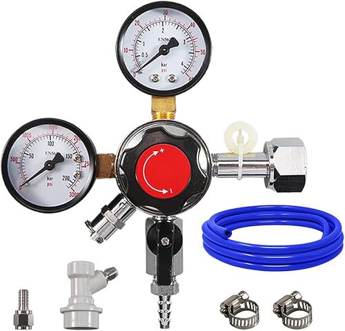 PERA Regulador de barril CO2 CGA-320 con línea de gas, perilla de ajuste de presión con válvula de alivio de presión manual de seguridad con una