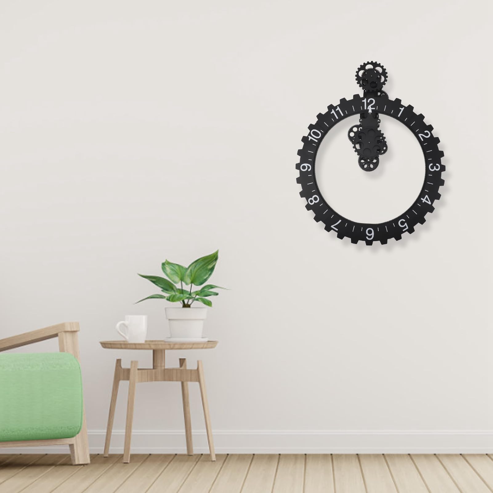 AUNMAS Große Hängende Zahnraduhr, Rhythmische PVC-Zahnräder, Edelstahl, Mechanische Zahnraduhr, Retro-Wandkunst, Dekorative Uhr (Black)