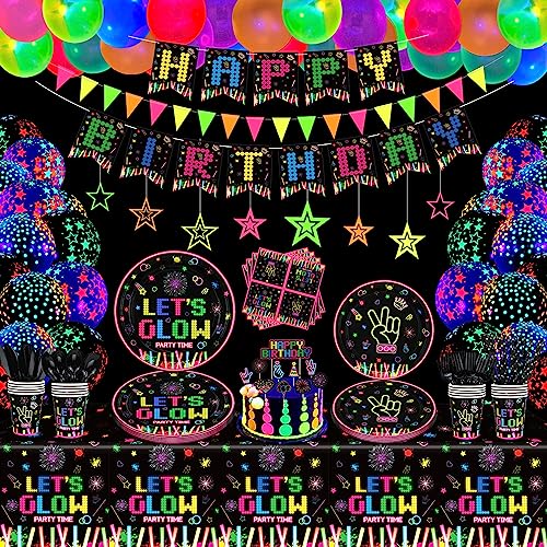 238 PCS Glow Neon Party Supplies Glow in The Dark Party Decorations BlackLight Party Tableware Set -...