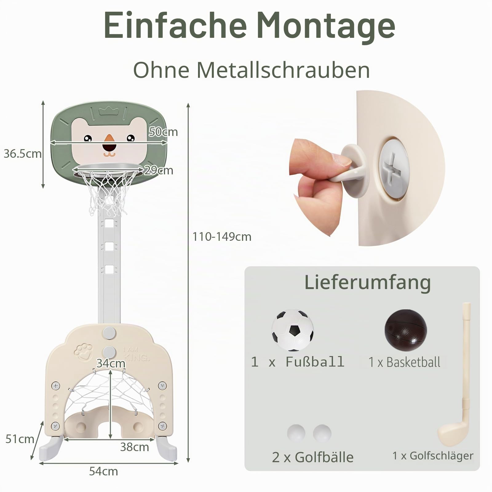 HOMASIS 3 in 1 Kinder Basketballkorb Set, multifunktionaler Basketballständer mit Fußballtor & Golf für Kleinkinder, höhenverstellbarer Basketballkorb mit Ständer inkl. Bälle & Golfschläger
