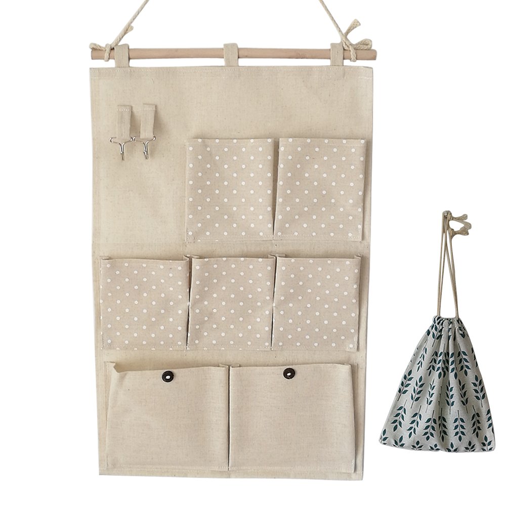Qinghu Wall Door Cotton Fabric Stylish Hanging Storage Bag Case 7 Pockets Home Organizer White Polka Dots With Beam Pocket