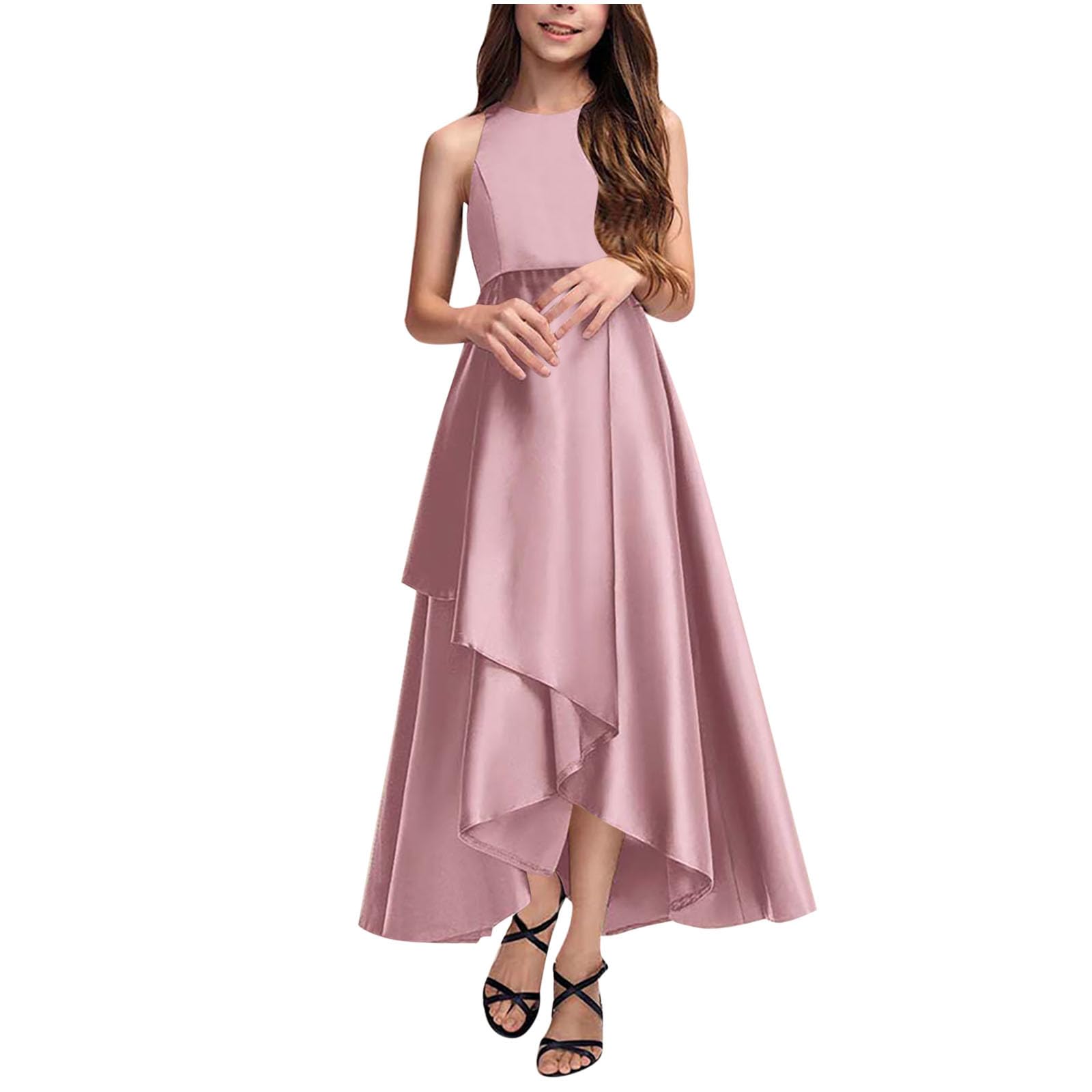 AMhomely Partykleider für Mädchen, lang, Satin, ärmellos, hoch niedrig, plissiert, unregelmäßiger Saum, elegantes A-Linien-Kleid für Tanz, Abschlussball, formelle Ballkleid, Hochzeit, Geburtstag, 4–14