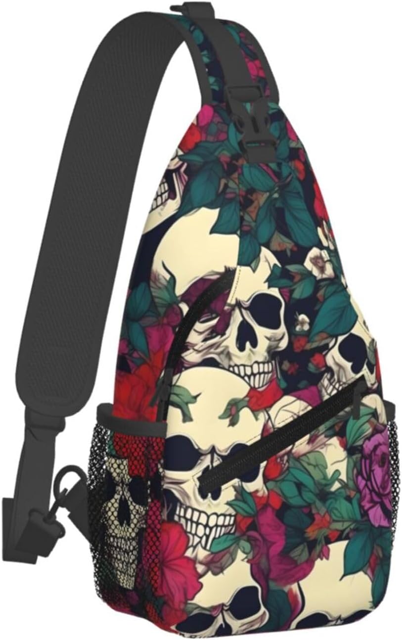 Durable Lightweight Floral Skulls Print Cross chest bag diagonally for Travel Commute Daily Use