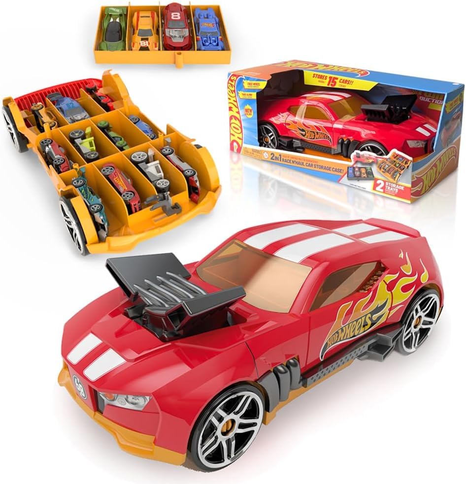 Hot Wheels NEW Car Storage 2in1 Race N' Haul free wheel Car Storage case with Retractable Handle - Stores up to 15 cars (cars not included)