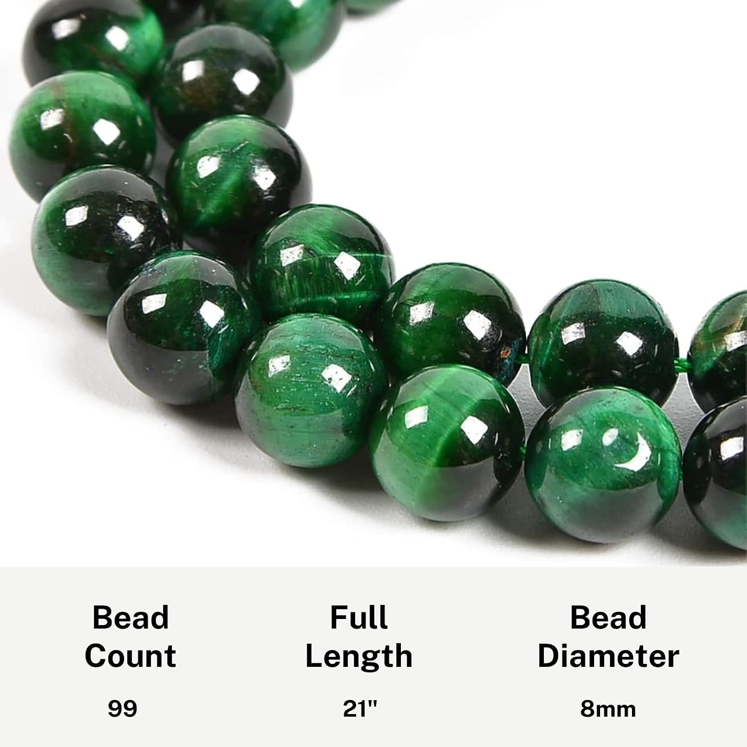 Premium Muslim Prayer Beads, 8mm Green Tiger Eye Stone, 99 Beads, Dark Green Tassel, Unisex Adult