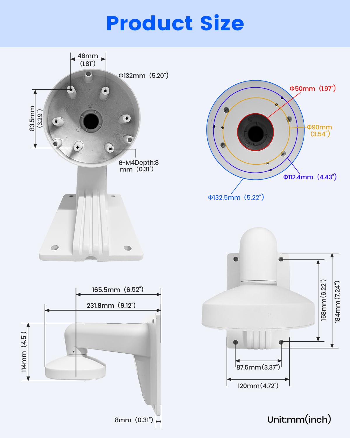 KU-DS-1273ZJ-130-TRL Uchwyt ścienny ze stopu aluminium ze skrzynką przyłączeniową do kamer kopułkowych HIK (1 opakowanie)