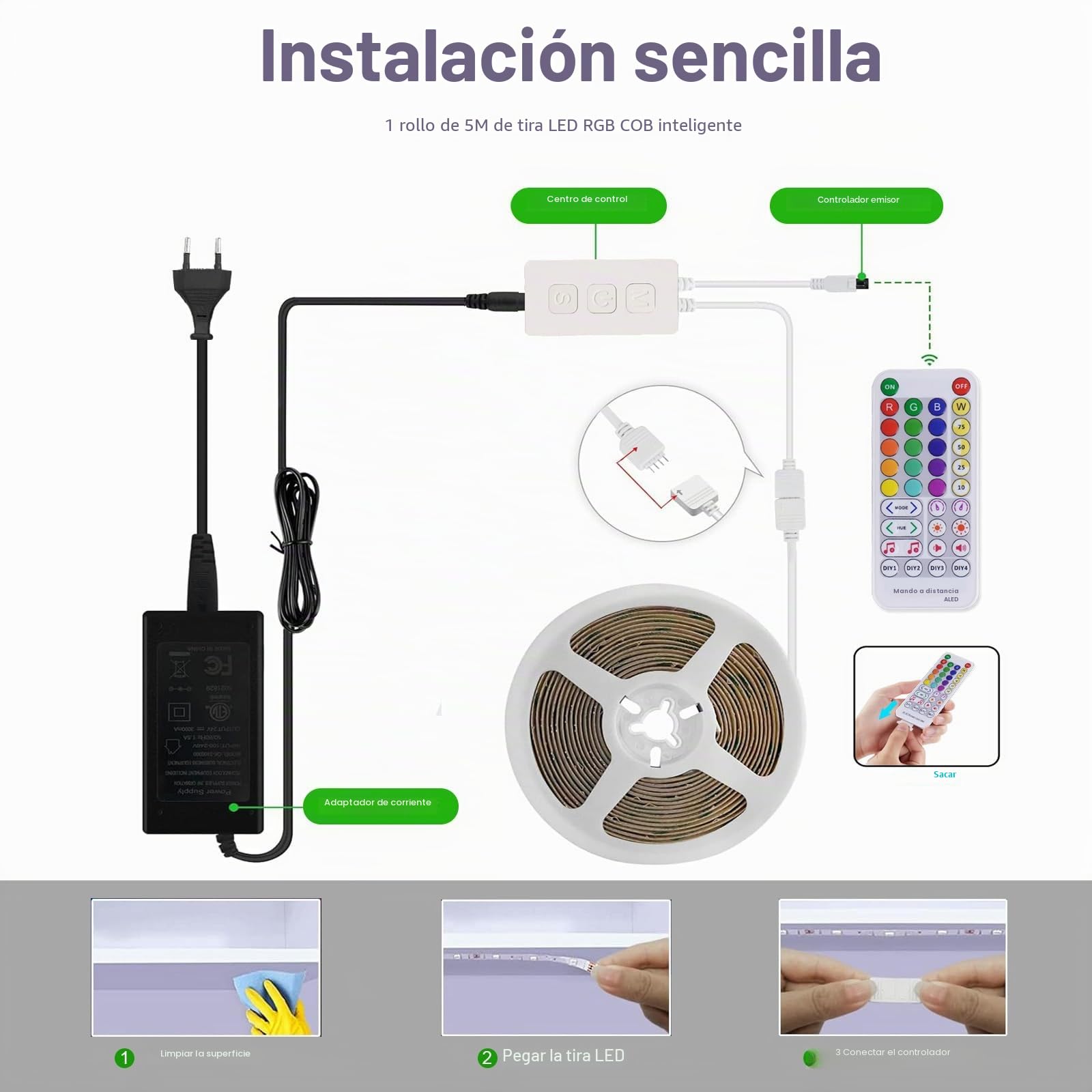 RGB Tira Led, Luces LED Habitacion COB 5m,24V 840LED/m Tiras LED de Interior Sincronización de Música,CRI 90+ Fancy Luces LED TV Kit Luz led Adhesiva Para Coche Cocina Fiesta Hogar Bar