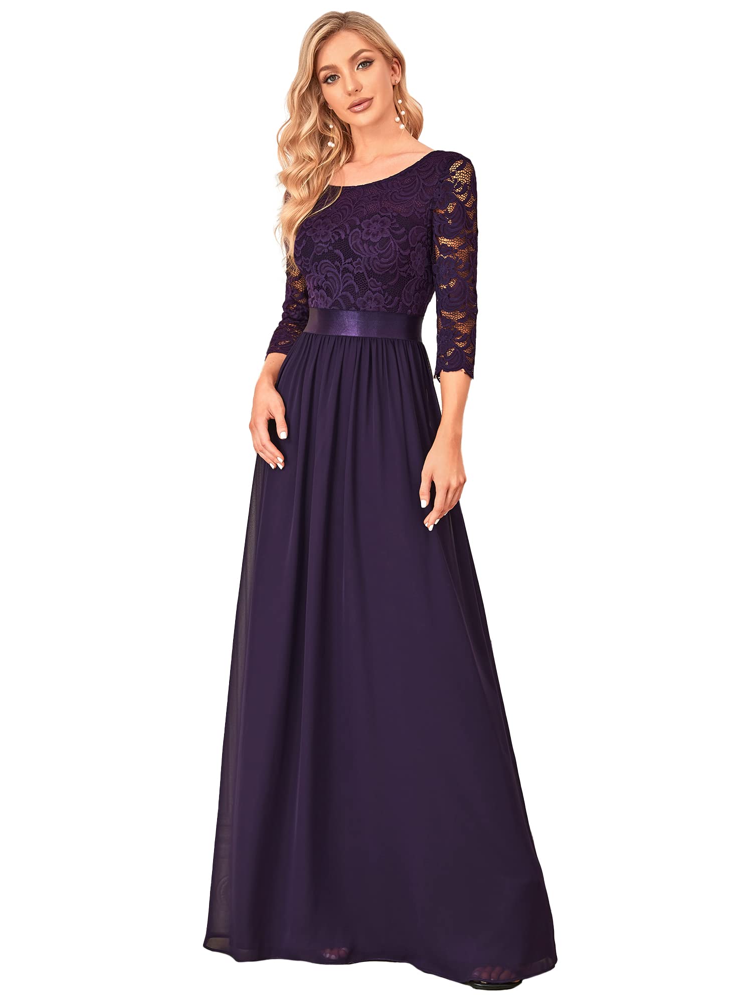 Ever-Pretty Vestidos de Fiesta Encaje Gasa Cuello Redondo Manga 3/4 Corte Imperio A-línea para Mujer 07412