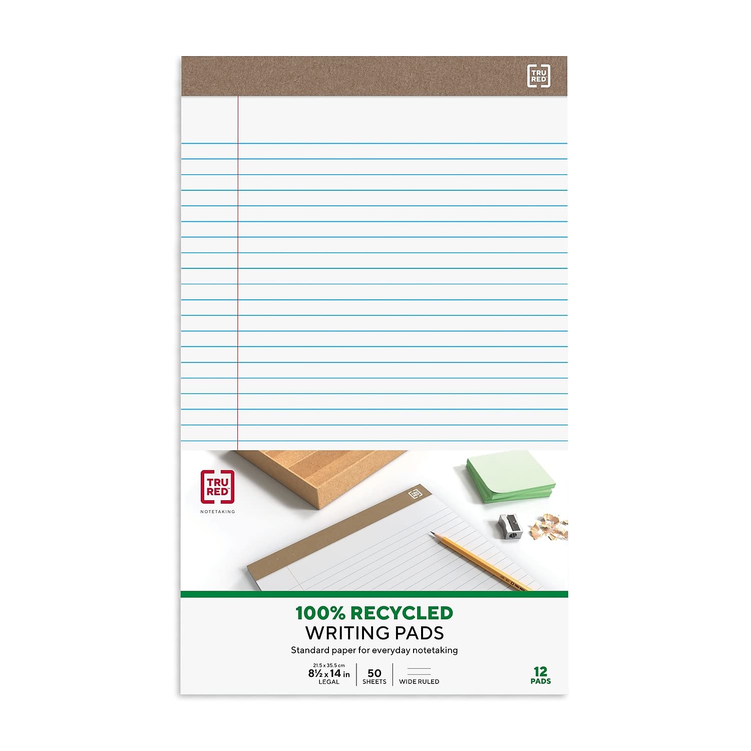 TRU RED Staples 100% Recycled Perforated Writing Pads, Wide Ruled, White, 8 1/2 X 14-Inch, 50 Sheets/Pad, 12/Pk