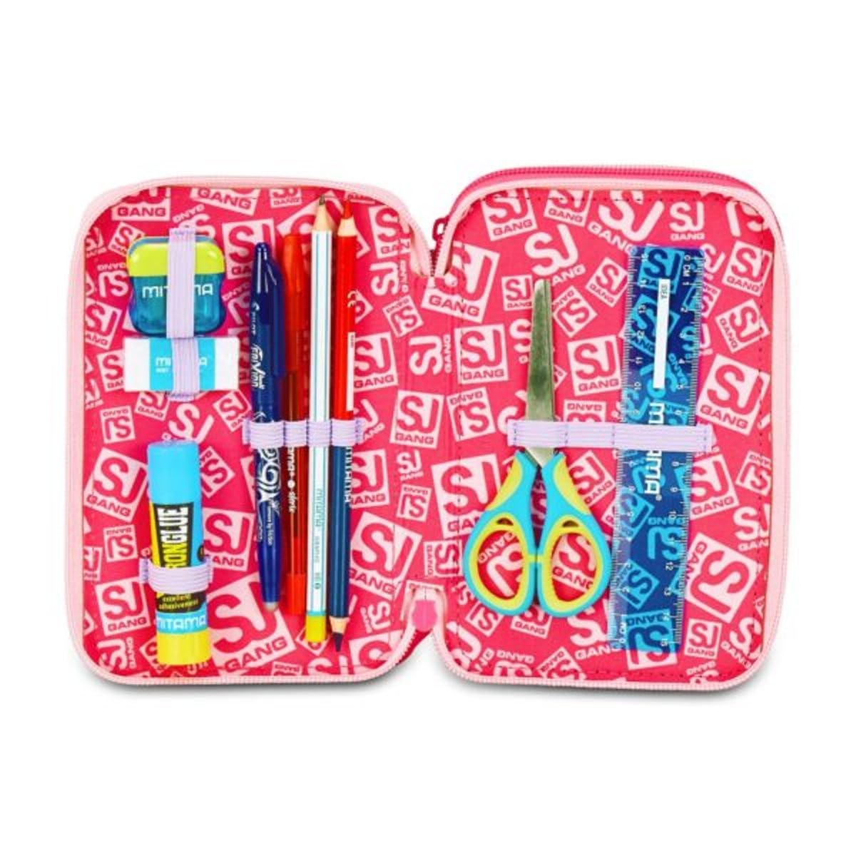 Astuccio scuola Sj girl Gang Seven - Cat Led Gattino - 3 piani completo di cancelleria per bambino + omaggio portachiave paillettes e penna multicolore
