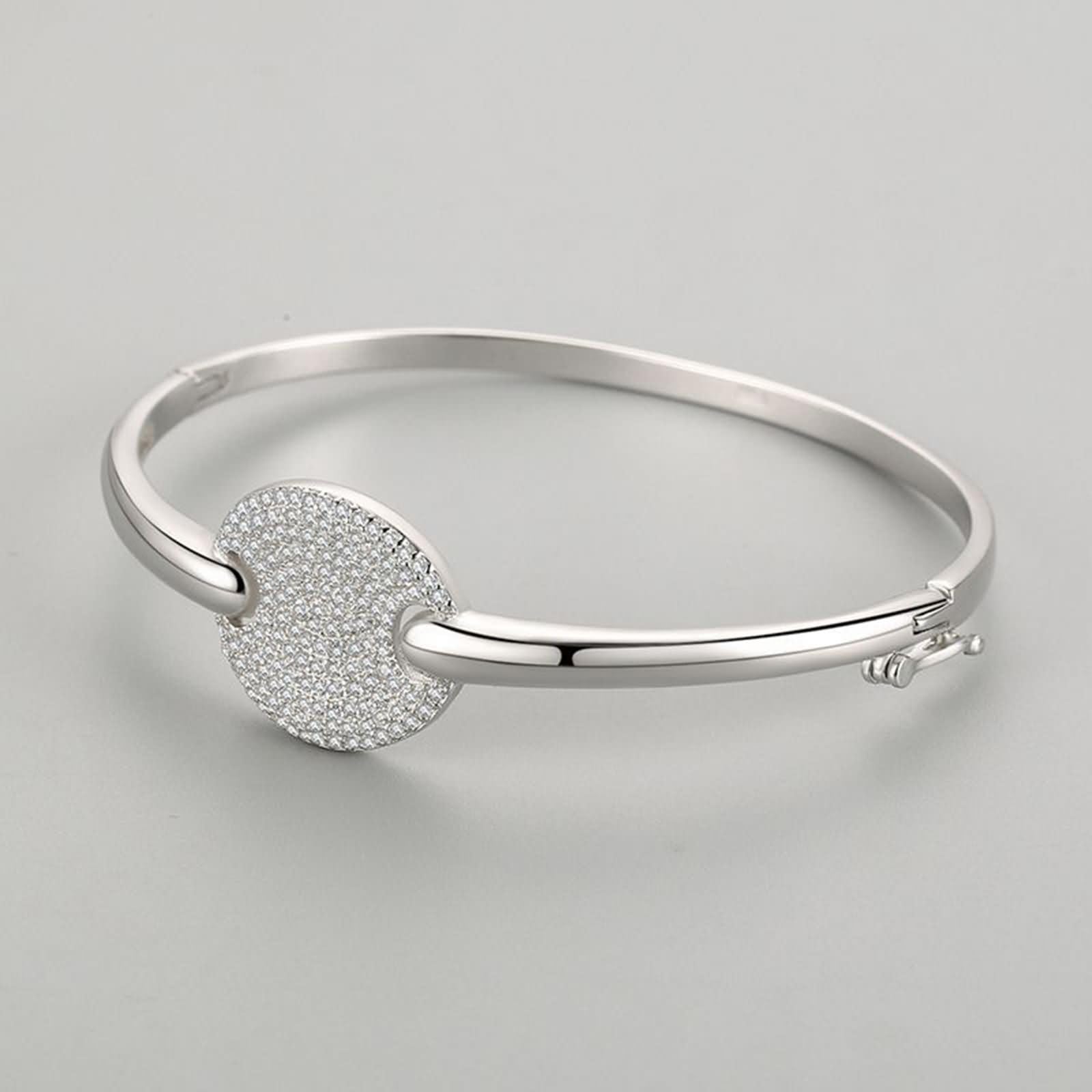 Brazaletes Mujer Oro Blanco 9 K / 14 K / 18 K, Redondo con Moissanita, Cadena 16 CM, Pulsera de Mujer de Plata