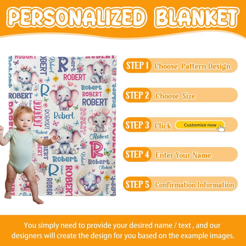 Image of Custom Elephant Blanket for Boys Girls,Ultra Soft Personalized Gifts Baby Blanket,Customized Throw for Toddlers Newborn Stroller Crib,50 inchx60 inch