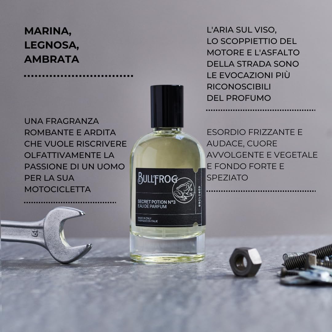 Bullfrog Eau De Parfum Secret Potion N.3 100ml - Profumo da Uomo - Note di Bergamotto, Rosa Damascena, Ambra, Salvia, Chiodi di Garofano e Legni Preziosi - Made in Italy.