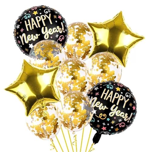 New Year Balloons 2026, Happy New Years Balloons, Black & Gold Transparent Foil Balloons for New Year Party Decorations, Christmas, Countdown Party, Birthday, Anniversary, Festive Supplies (Style 1)