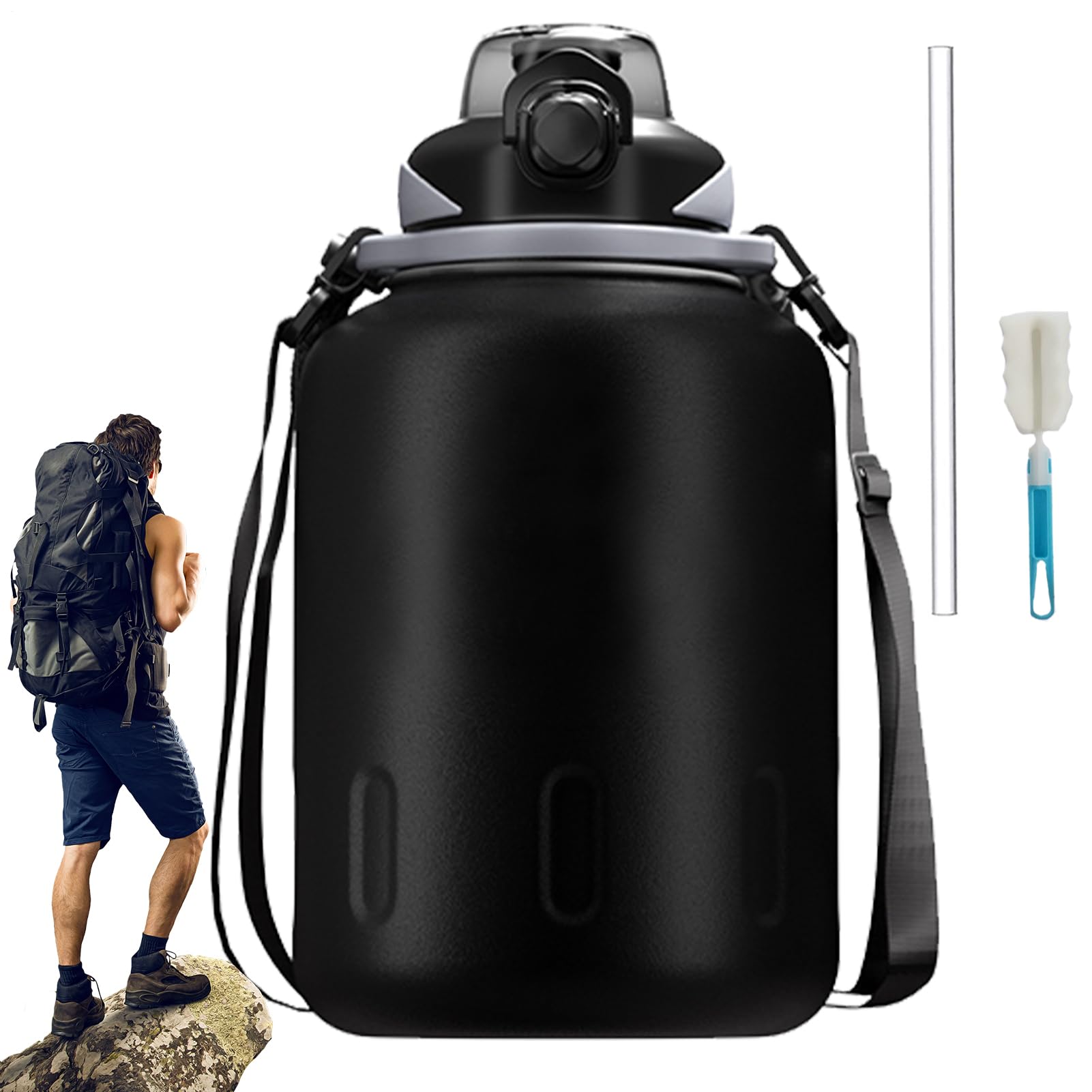 Große Sportwasserflasche, Wasserflasche für Sport 1000 ml Edelstahl | Leck Proof Water Cup Athletic mit Stroh & Pinsel für Fitness im Freien