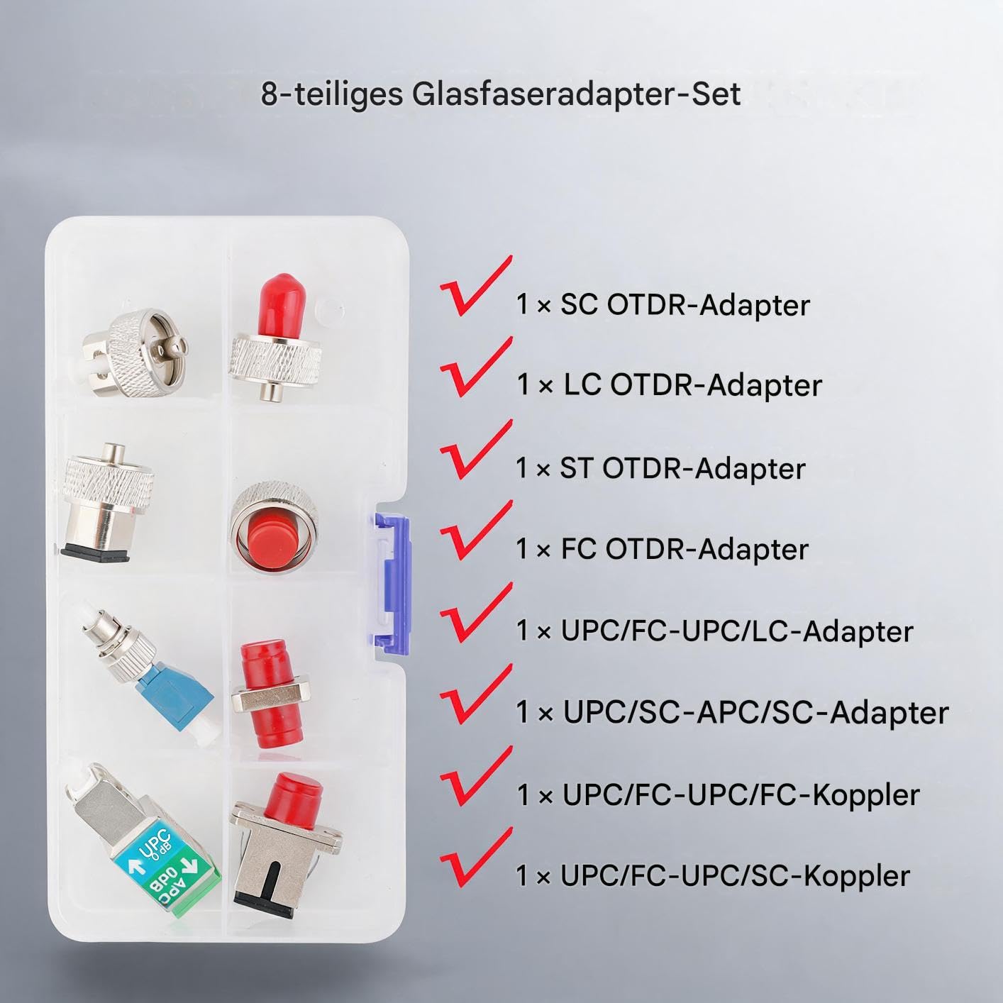 Lot de 8 adaptateurs OTDR en fibre optique pour SC FC ST LC - Pour les connexions réseau FTTH - Avec boîte de rangement amovible en plastique solide.