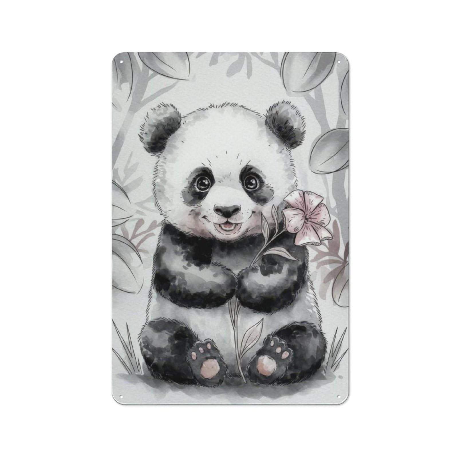 Junmoney Cute Panda With Flower Retro Metal Wall Sign 30X20cm For Guest Room Or Hallway, New-Space Wall Decor For Home Decor Collectors
