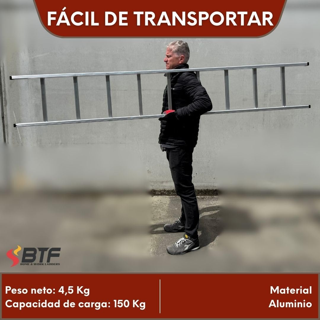 BTF Escalera de Apoyo en Aluminio - Escalera Simple 9 Peldaños, 2,5m, 1 Tramo, Ligera y Resistente, Certificada Carga Máx. 150 kg, Ideal para Obra y Hogar, Norma EN131.