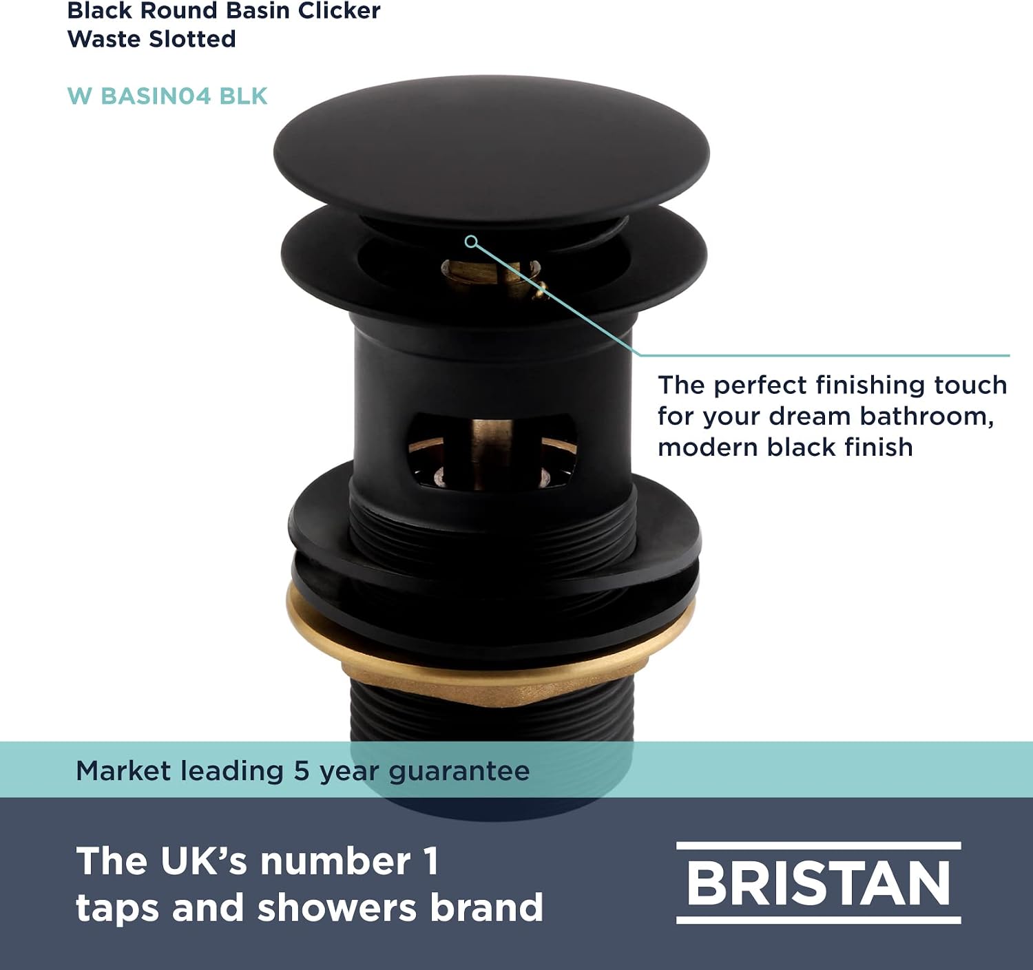 Bristan W BASIN04 BLK Round Basin Clicker Waste Slotted, Black - Image 3
