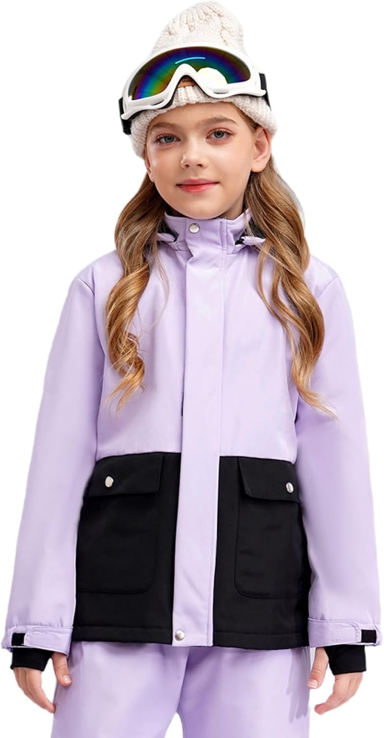 Kids Girls Waterproof Ski Snow Jacket Long Sleeve Color Block Hooded Winter Snow Coat with Hood