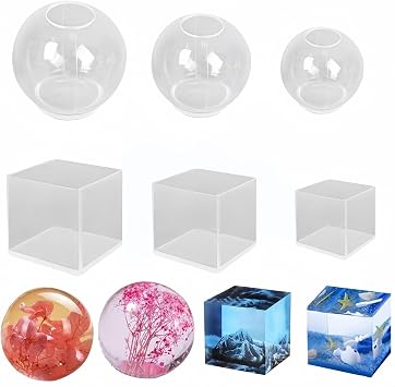 6 Pcs Sphere & Cube Resin Molds - Clear Silicone Epoxy Molds for DIY Seamless Crystal Ball, Candle, Soap, Bath Bomb & Home Decoration 3 Sphere + 3 Cube