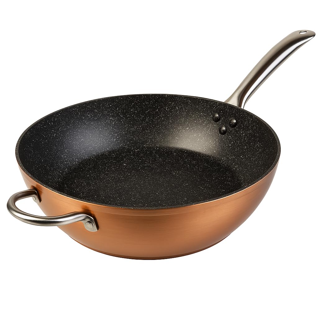 WECOOK! Professional Deep Frying Pan 32 cm, Ecological Non-Stick Stone Without PFOA, Forged Aluminium, 2.8 mm Thick, Copper, Stainless Steel Handle, Vitro Ceramic, Gas, Oven