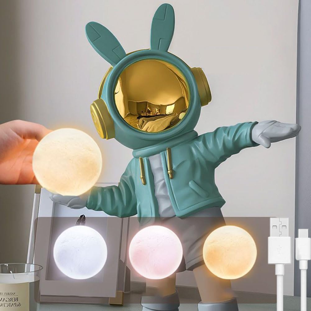 LED Astronauta Luz de Noche Lámpara de Mesa Recargable Inalámbrica, con Interruptor Luna Redonda Lámpara de Mesa Carga USB Spaceman Lámpara de Cabecera Niño Niña Lámpara Decorativa,Verde