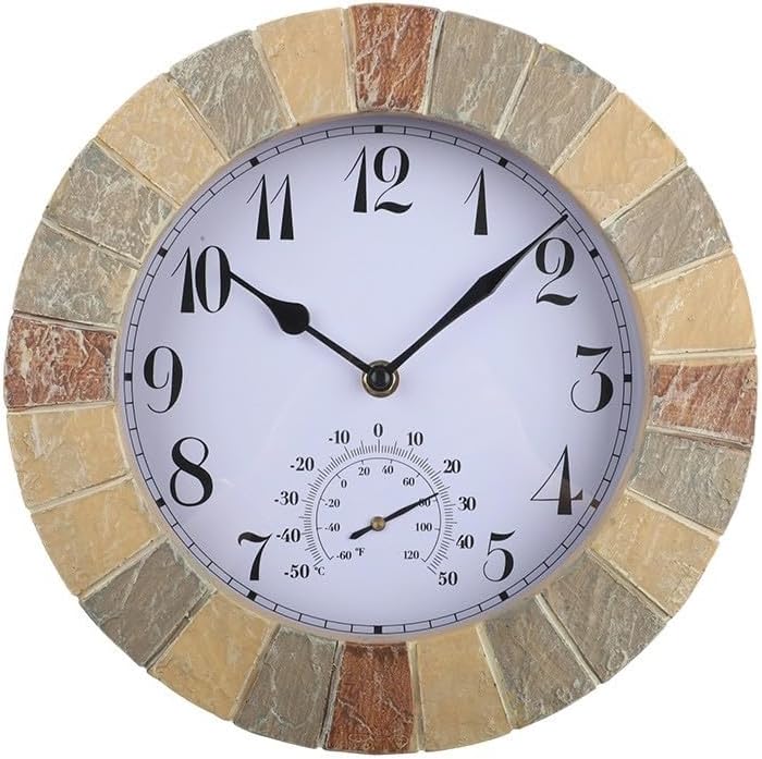 10 Inch Outdoor Wall Clock with Thermometer, Waterproof IP44 Silent Garden Clock Patio Pool, Read Resin Shell, Indoor Use(style 2)