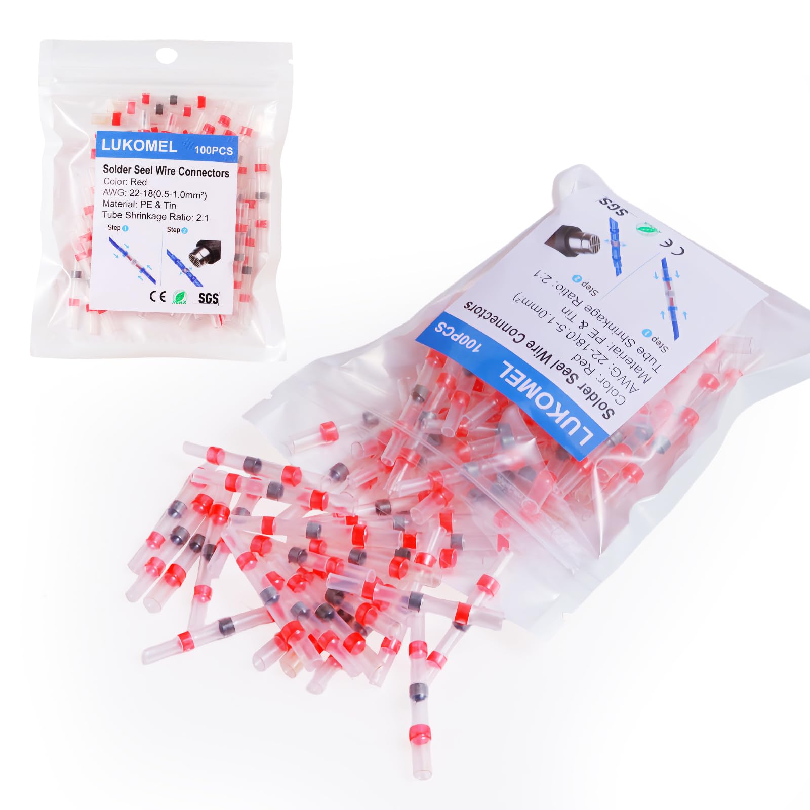 LUKOMEL Solder Seal Wire Connectors, Self Soldering Heat Shrink Butt Connector Solder Sleeve Waterproof Insulated Electrical Butt Splice Wire