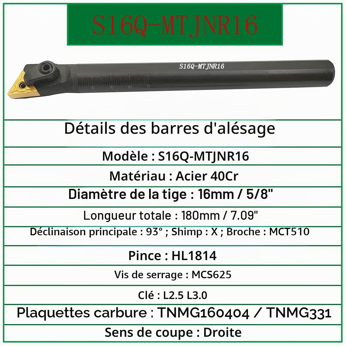 Porte-outils de tournage en carbure indexable MTJNR1616H16 + tour métallique avec barre d'alésage interne S16Q-MTJNR16 + inserts de tournage en carbure indexables TNMG331 (TNMG160404)…