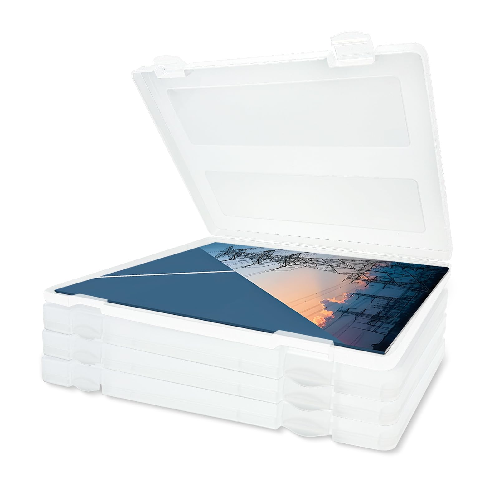 Seuqhck 4 Pack Clear Plastic Storage Box, 12.5 x 9.5 x 1 Inch Scrapbook Paper Organizer Stackable Document Holder with Secure Locking Clasps for A4 Paper, Photos, Home, Office, Studio, Craft Room