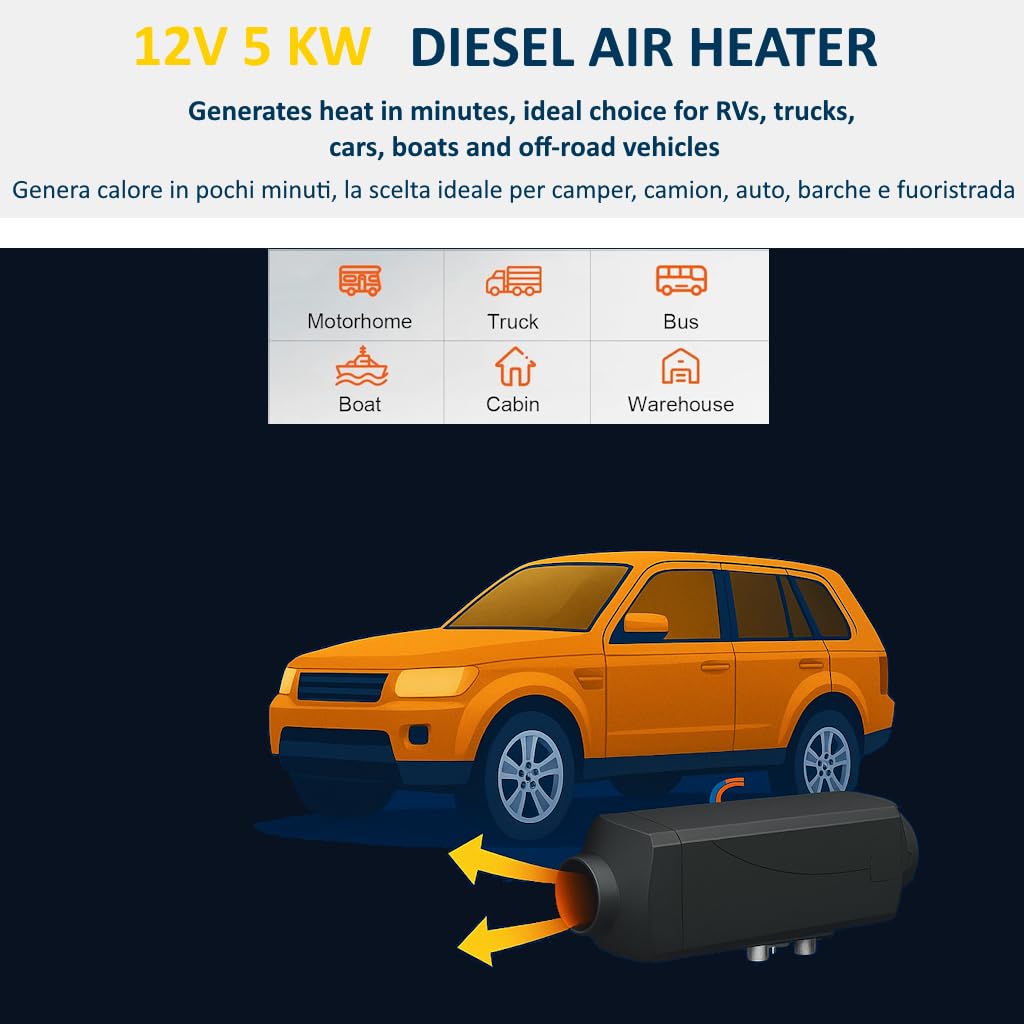 Riscaldatore d’Aria Diesel 5Kw 12V con Display Digitale e Telecomando Temperatura Regolabile con Silenziatore per Auto Barche Camion Camper All in One