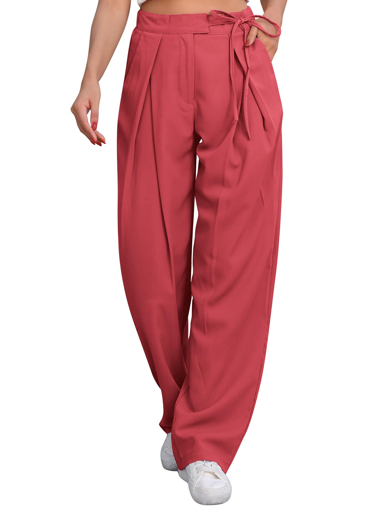 ABOCIW Womens Wide Leg Pants with Pockets High Waist Adjustable Palazzo Pants Loose Casual Trousers Business Work Pants