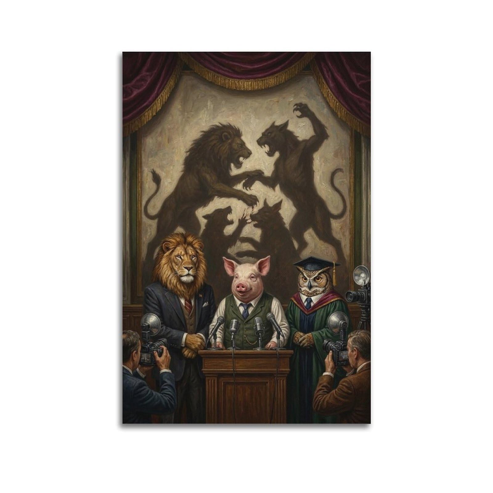 XKUGA Surreal Vintage Animal Poster Lion Pig Courtroom Power Satire Modern Decorative Canvas Prints - Ideal Wall Art for Family, Man Cave, Game Room, Boys & Girls Bedroom 16x24inch(40x60cm)