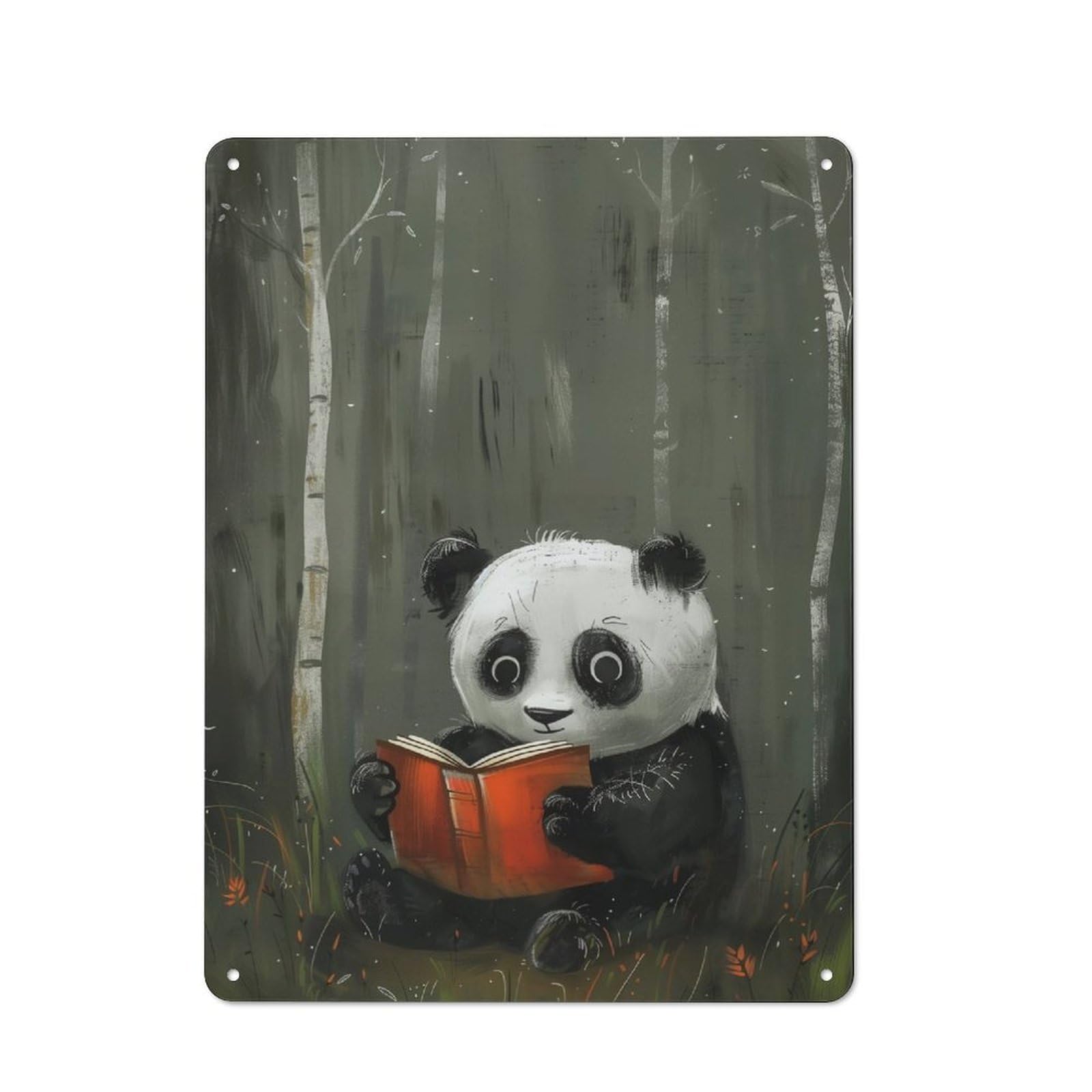 Junmoney Panda Reading In Forest Industrial Decorative Metal Plaque 40X30cm, Studio Wall Art For Flat, Bar, Studio Or Gallery Wall