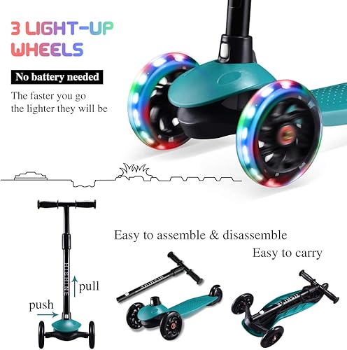 Miniatura 10 de Hishine - Patinete para niños con 3 ruedas iluminadas y altura ajustable para edades de 2 a 7 años, niñas y niños pequeños, inclinados para