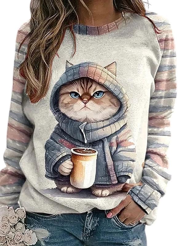 IVERIRMIN Womens 3D Cat Crewneck Sweatshirts Casual Cute Long Sleeve Shirts Pullover Tops Graphic Loose Fit Sweater for Women