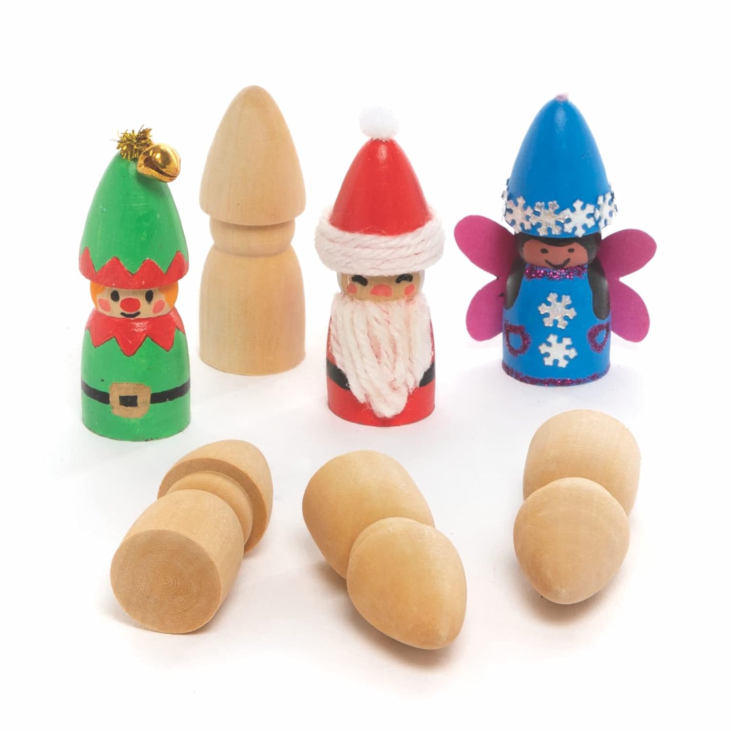Baker Ross FC225 Mini Wooden Elves - Pack of 8, Mini Wood Shapes, Wooden Crafts to Make and Decorate, Make Your Own Christmas Decorations