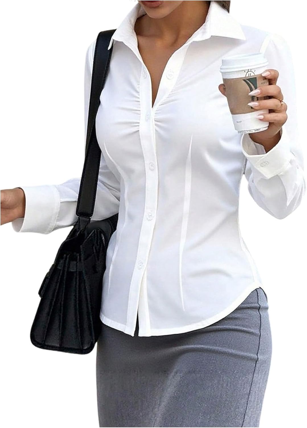 GORGLITTER Women's Ruched Fitted Blouse Long Sleeve Shirts Collared Slim Fit Business Work Casual Fall Fashion Tops