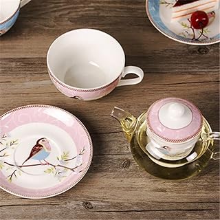 YBK Tech Théière en verre avec infuseur en porcelaine, tasse et soucoupe, théière et tasse à thé pour une personne (rose)