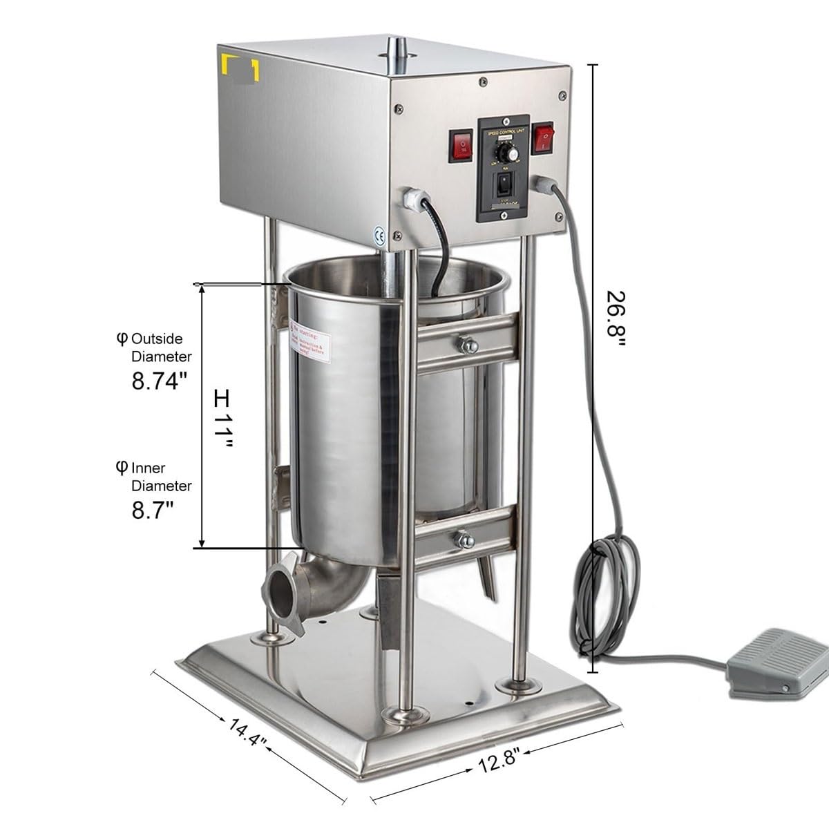 Relleno eléctrico de salchichas, máquina para hacer salchichas de acero inoxidable de 10/12/15L con velocidad ajustable y 5 tubos de relleno, máquina de llenado de carne de salchicha vertical 7