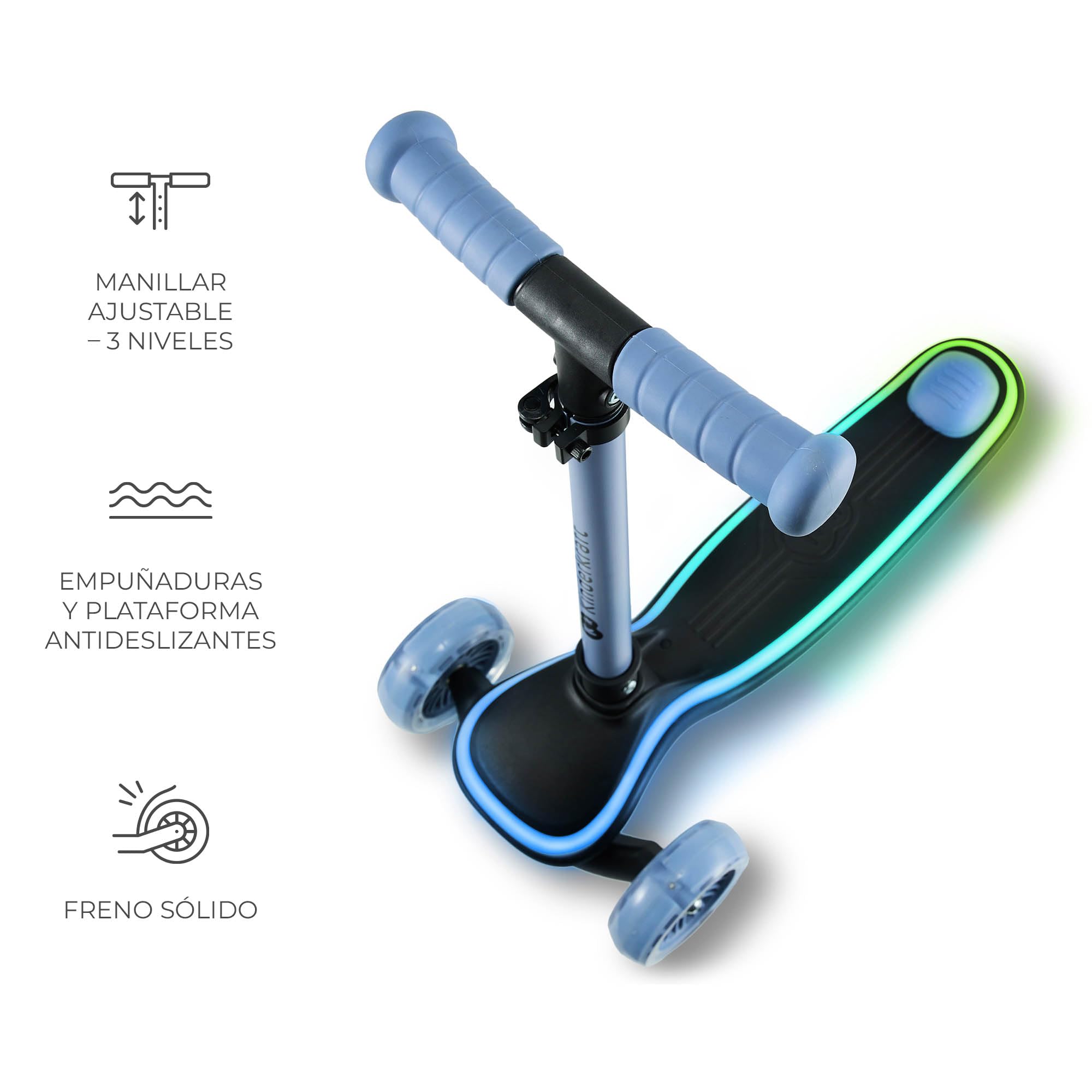 Kinderkraft RAKET Patinete para niños de 1 año a 50 kg, Patinete, Ruedas LED, Manillar Regulable en Altura, Diseño Moderno, Azul