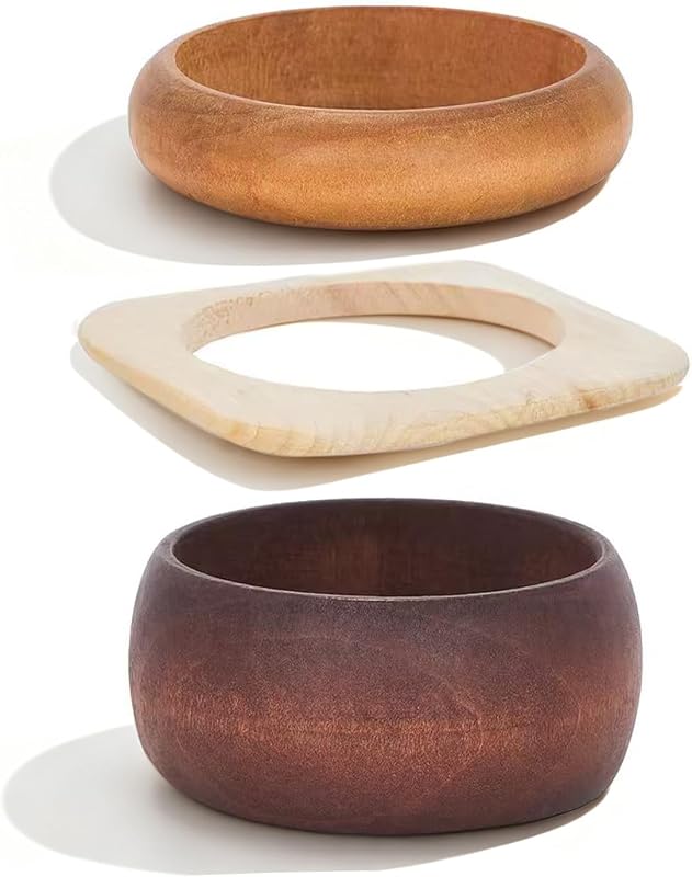 3 Pcs Natural Wood Bangle Bracelet for Women Boho Chunky Stackable Wooden Bangles Set,Wide Irregular Geometric Bangles Stack Jewelry Gift