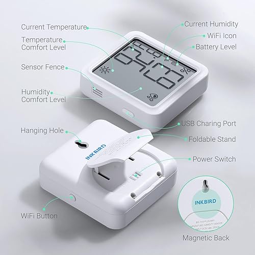 Miniatura 5 de INKBIRD Termómetro higrómetro WiFi, sensor de temperatura interior IBS-TH3-PLUS con pantalla electrónica, monitor de humedad con alerta de
