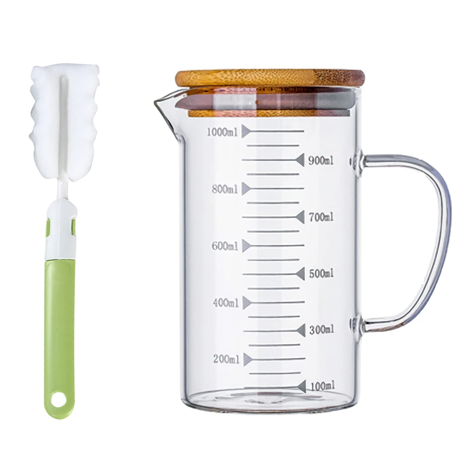 Jarra medidora de vidrio con tapa, vaso graduado con asa, contenedor de almacenamiento de sólidos líquidos, taza medidora con cepillo de limpieza, tazas mezcladoras para hornear bebidas de café, sum