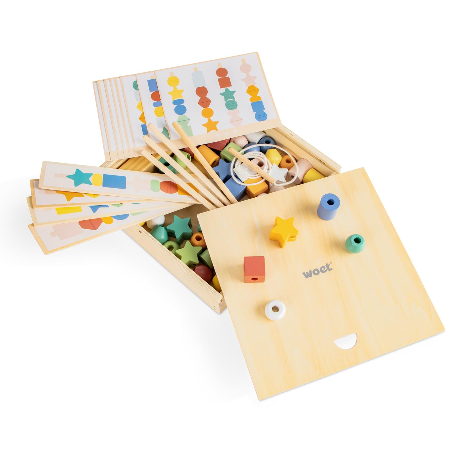 Woet Holz-Fädelspiel, 56 Perlen, Karten und Aufbewahrungsbox