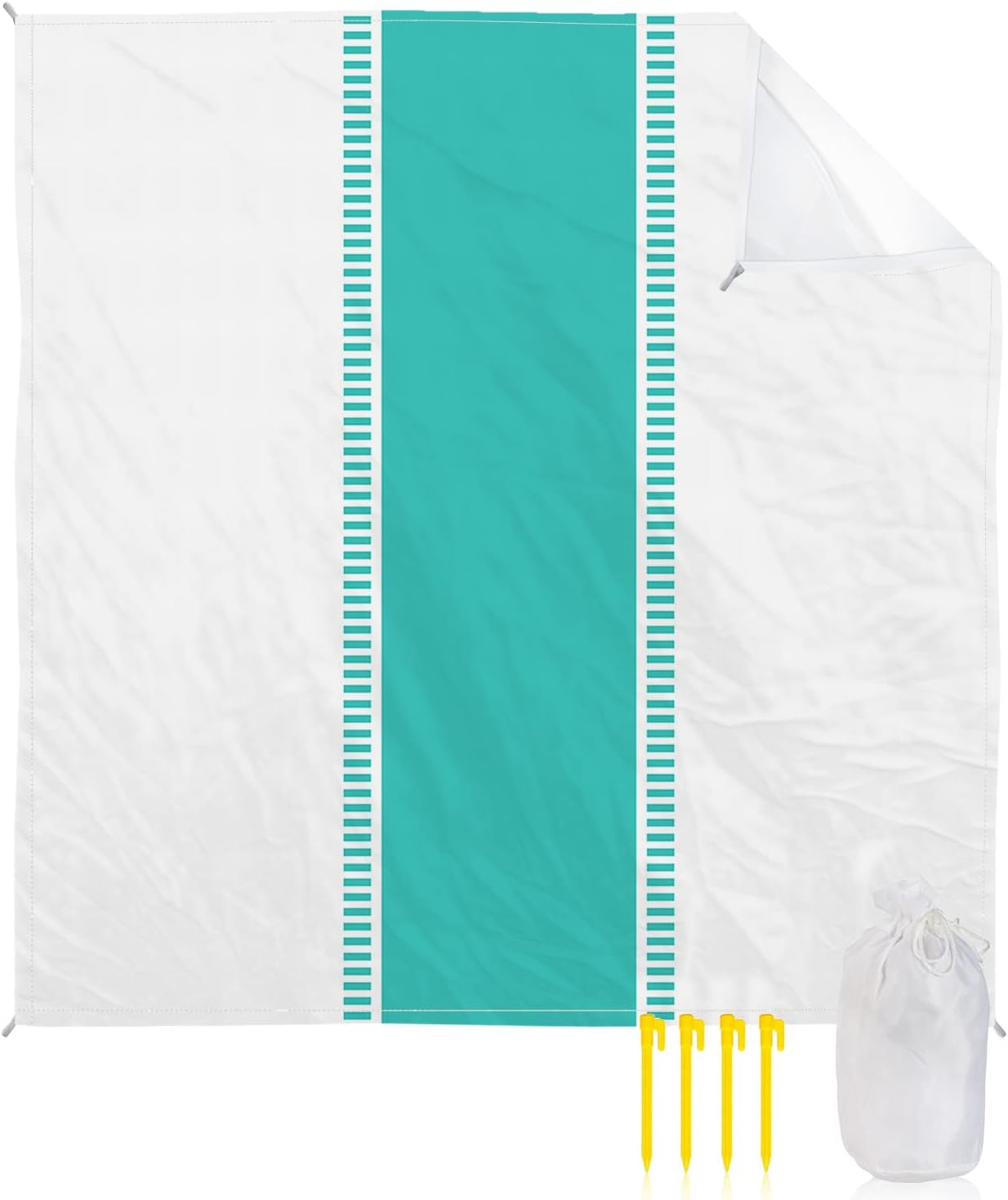 Classic Teal Stripes on White Beach Blanket Waterproof Sandproof Outdoor Picnic Mat 108"x84" Modern Texture Lightweight Large Beaach Blankets with 4 Stake & 4 Corner Pockets