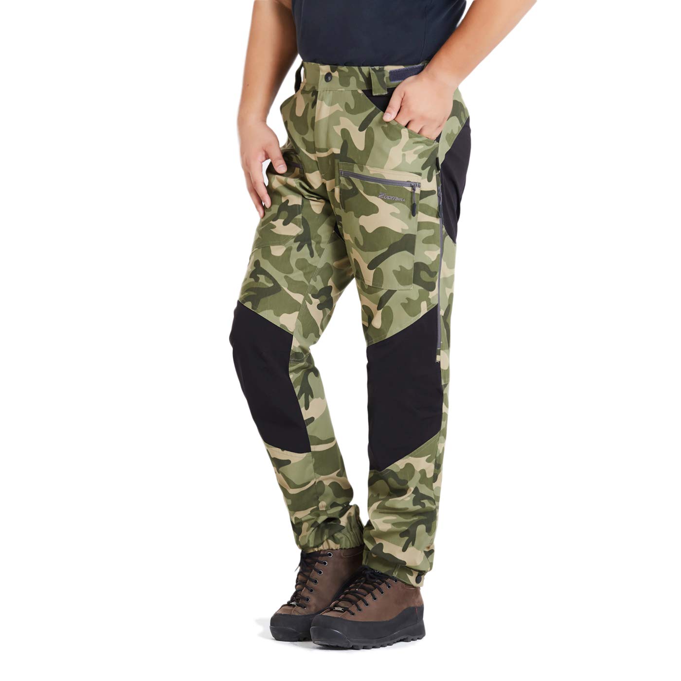 Mens Pro Hiking Stretch Pants Cargo Trouser Water-Resistant Tactical Outdoor Working Pants (Green Camo, XL)