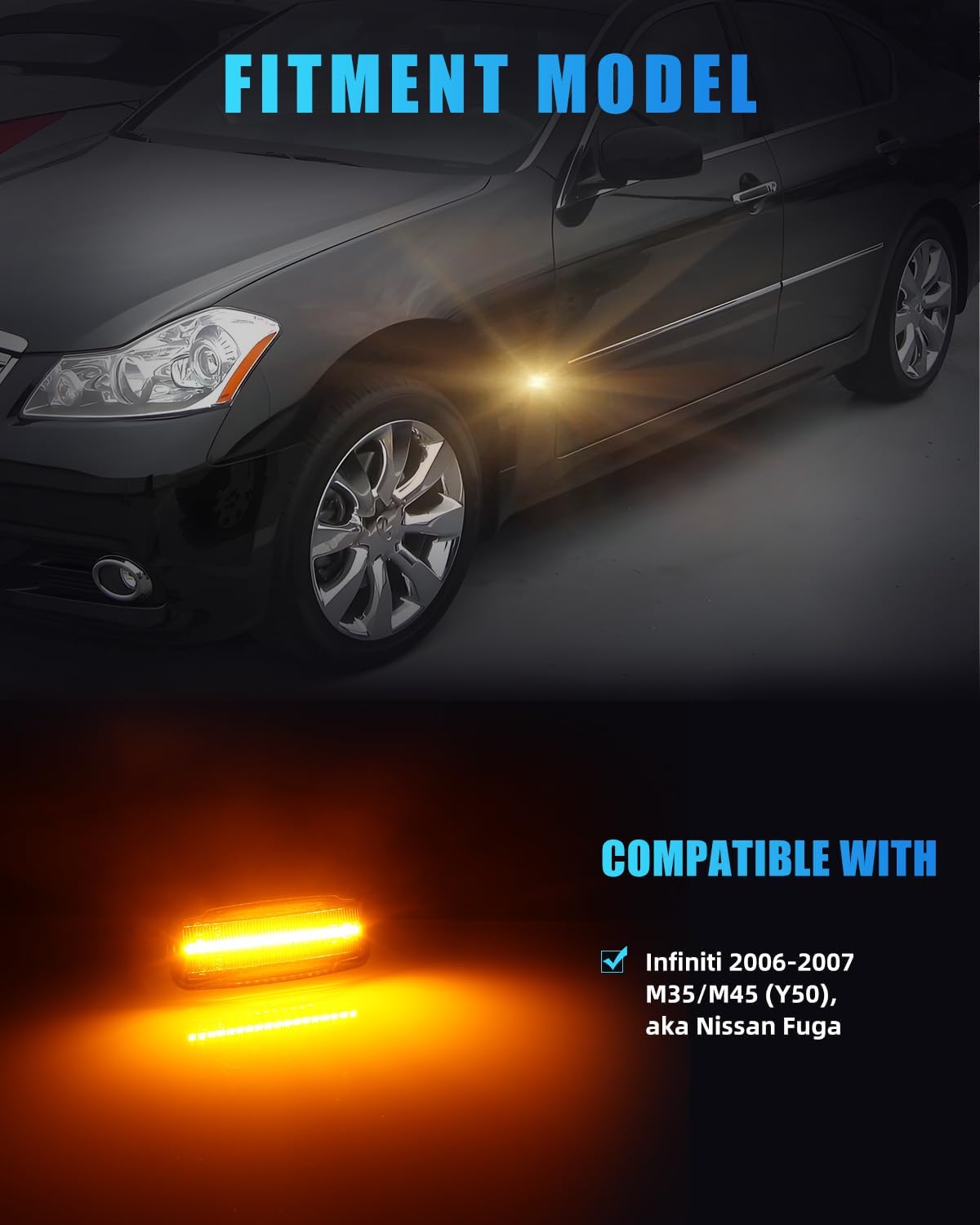 Front Sequential Side Marker Lights for Infiniti 2006-2007 M35/M45 (Y50), aka Nissan Fuga, [Newly Modern Upgrade] [Can-bus Design] Smoked Lens Amber LED Turn Signal Marker Lamps, 2PCS