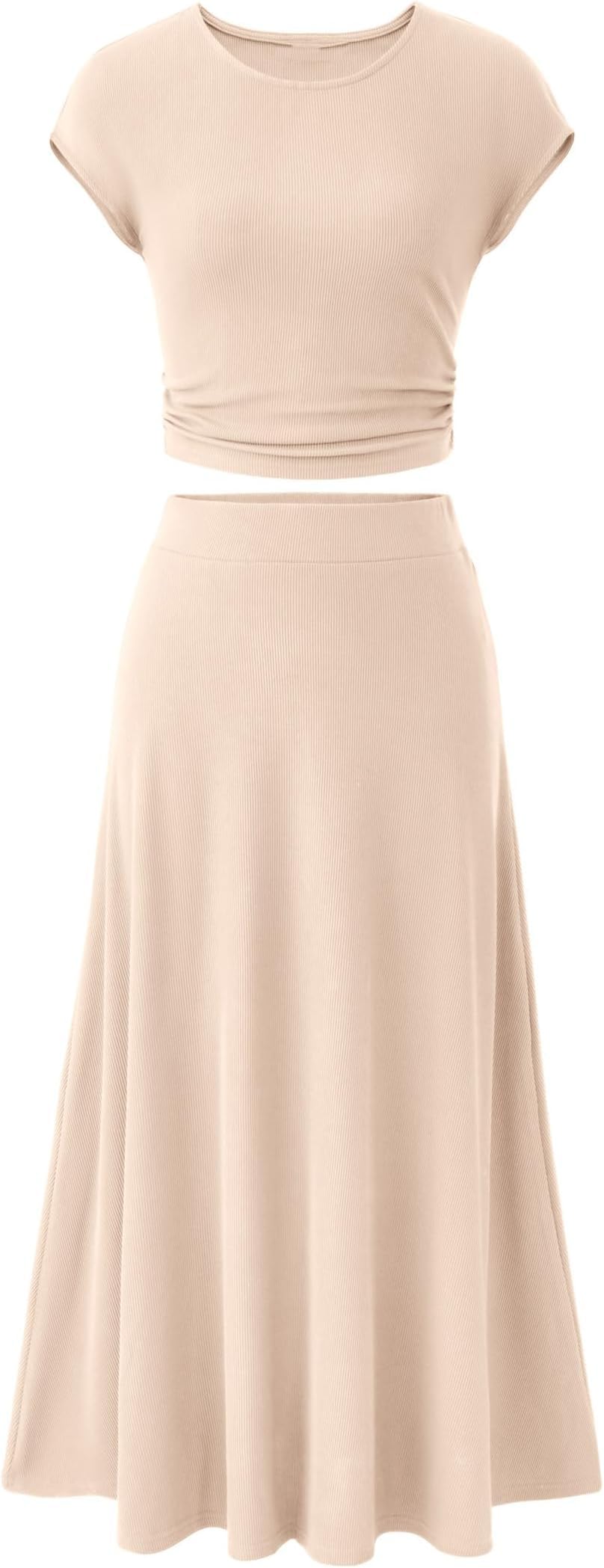 BUNSLOOM Damen Zweiteiler Sommeroutfit Elegante Casual Strick Kurzarm Crop Top Hohe Taille Midi Rock